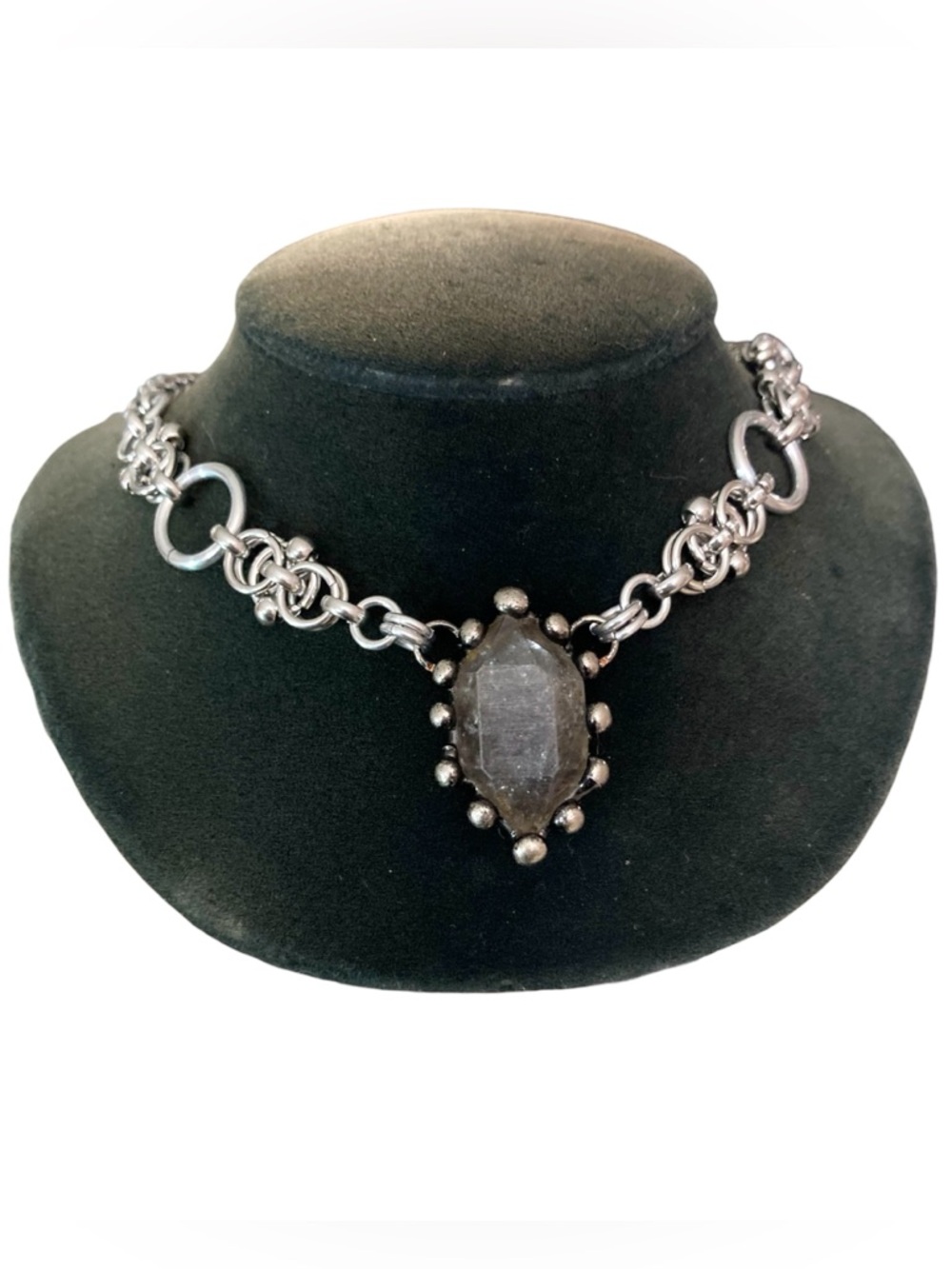 Smoky black herkimer diamond crystal on handmade maille stainless steel chain